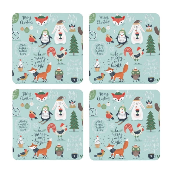 Xecao Christmas Winter Animals for MDF Cork Coaster 4 Pcs,Drink Coasters,Suit for House Warming Gifts New Home ,Coffee Table Decor-Square