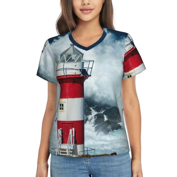 Xecao Circular Lighthouse for Women's V-Neck T-Shirts-Elegant Half-Sleeve Tops Perfect for Summer-Small