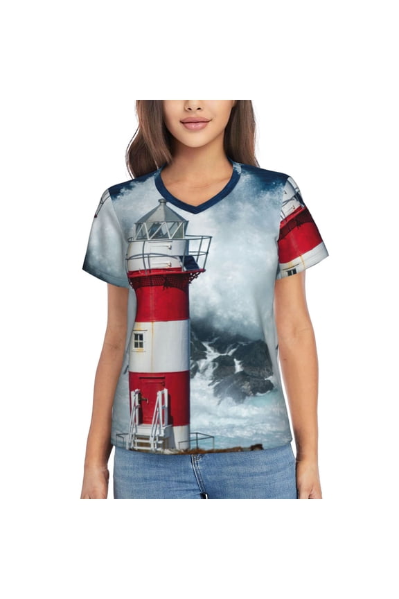 Circular Lighthouse for Women's V-Neck T-Shirts-Elegant Half-Sleeve Tops Perfect for Summer-Small