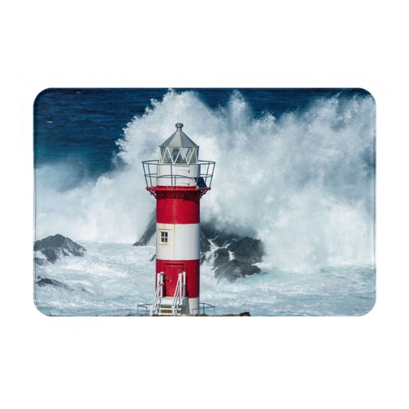 Xecao Circular Lighthouse print Flannel Mat: Non-slip, 16x24in. Ideal for kitchen, bedroom, bath & living room.