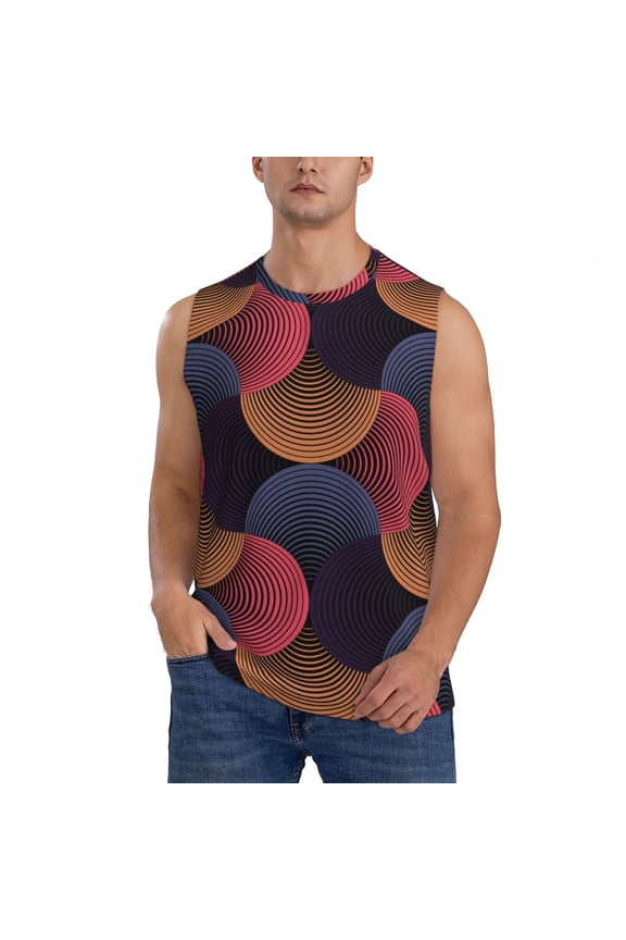 Circular Stripes Print Men's Tank Top: Sleek Sleeveless Tee for Casual Sports and Beach Occasions-Large