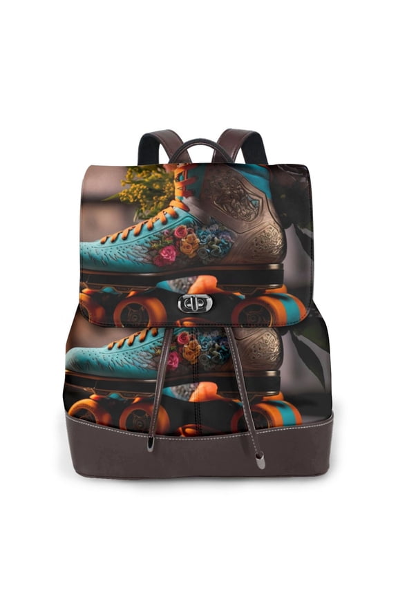Classic Floral Blue Skate Shoes Print Large Backpack Soft Leather for Women Travel with Compartment, Adjustable Convertible Strap