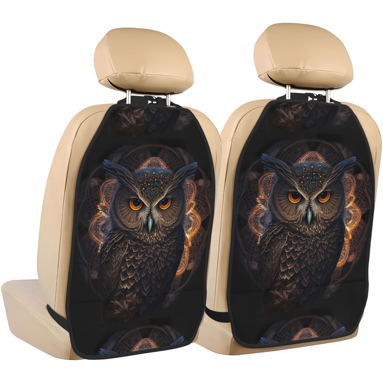 Xecao Classical Style Brown Owl Pattern Car Seat Back Protector 2 Pack Large Capacity Pocket, Kick Mats Back Seat Protector