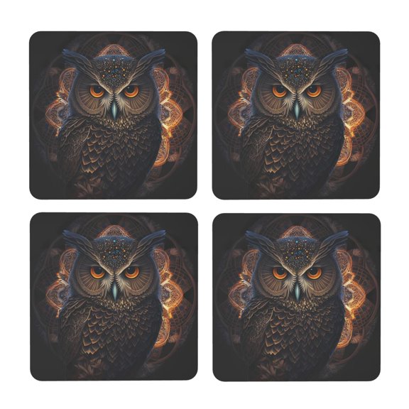 Xecao Classical Style Brown Owl for MDF Cork Coaster 4 Pcs,Drink Coasters,Suit for House Warming Gifts New Home ,Coffee Table Decor-Square