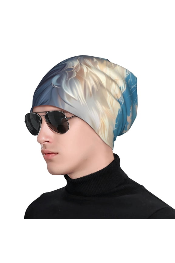 Clear Sky Blue Cat Print Beanie Knitted Hat for Men Women, Winter Fashion Knit Cuffed Caps Unisex