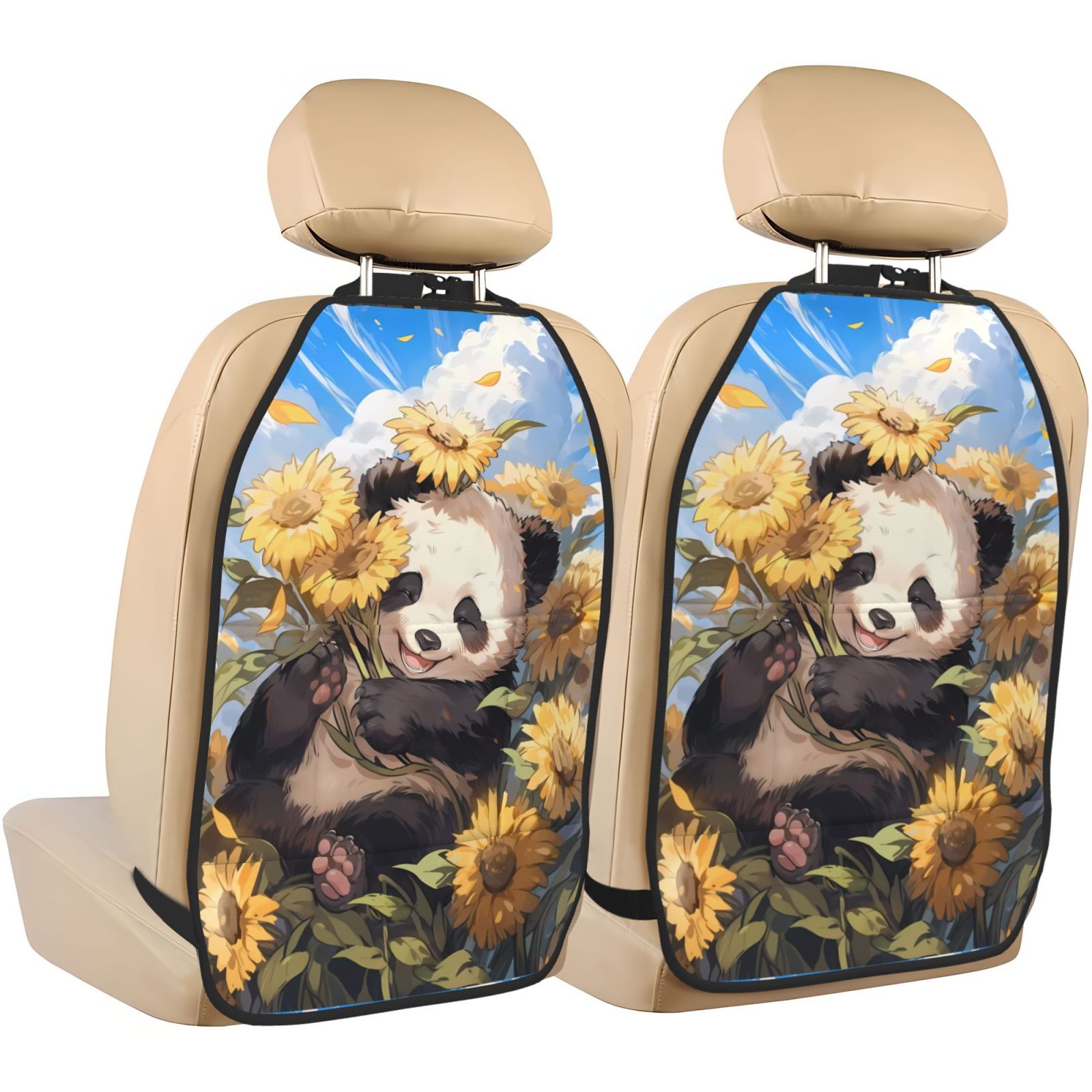 Xecao Clear Sky Cute Sunflower Panda Pattern Car Seat Back Protector 2 Pack Large Capacity Pocket, Kick Mats Back Seat Protector