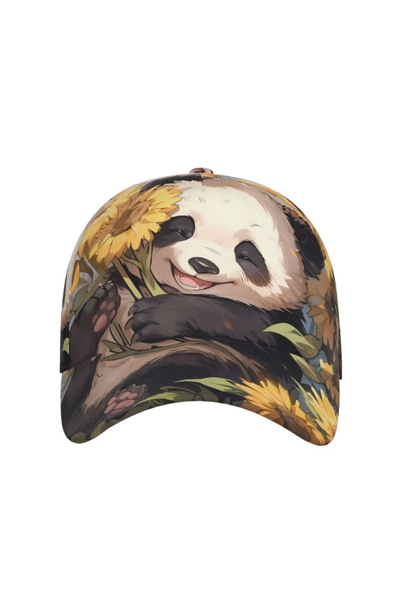 Clear Sky Cute Sunflower Panda for Baseball Cap: Unisex, crafted from classic polyester twill fabric, featuring a soft unconstructed design