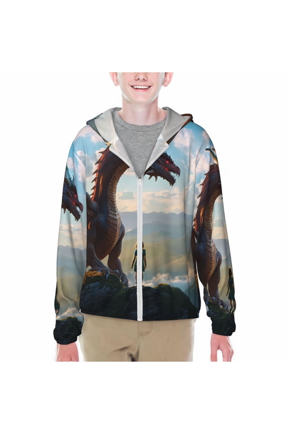 Clear Sky Mountain Red Dragon Print Fishing Shirts for teenager Long Sleeve UV Sun Protection Hoodie with Zipper Outdoor Hiking Shirts-Medium
