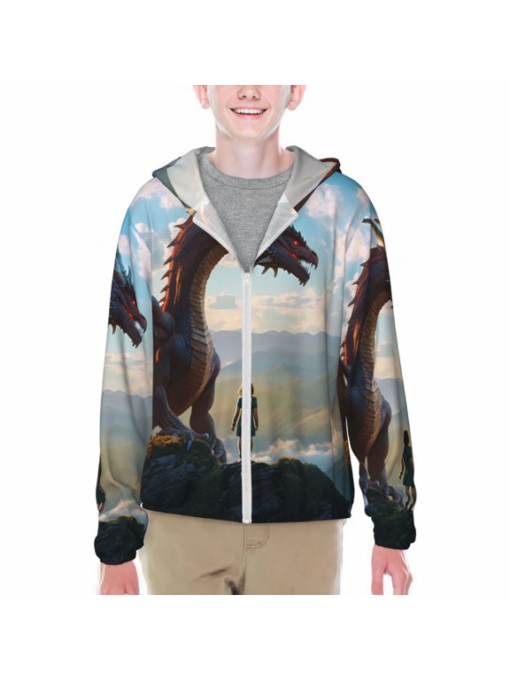Clear Sky Mountain Red Dragon Print Fishing Shirts for teenager Long Sleeve UV Sun Protection Hoodie with Zipper Outdoor Hiking Shirts-Medium