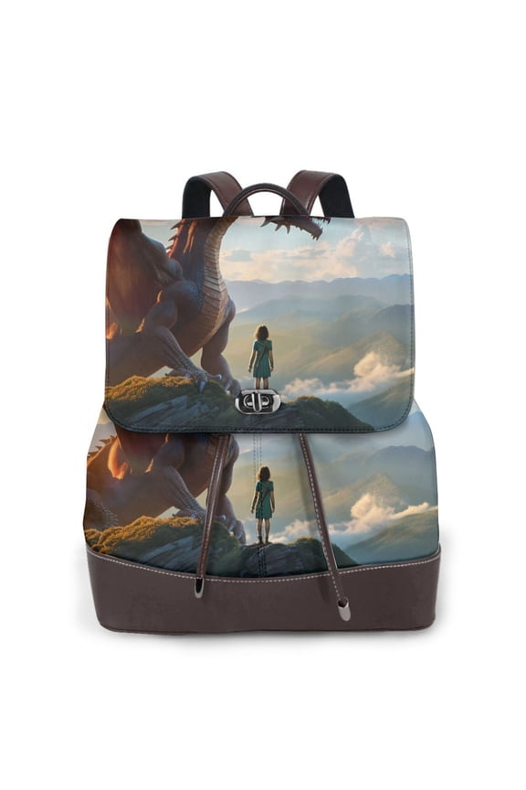 Clear Sky Mountain Red Dragon Print Large Backpack Soft Leather for Women Travel with Compartment, Adjustable Convertible Strap
