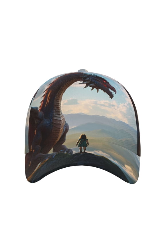 Clear Sky Mountain Red Dragon for Baseball Cap: Unisex, crafted from classic polyester twill fabric, featuring a soft unconstructed design