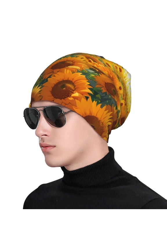 Clear Sky Sunflower Print Beanie Knitted Hat for Men Women, Winter Fashion Knit Cuffed Caps Unisex