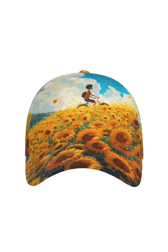 Clear Sky Sunflower for Baseball Cap: Unisex, crafted from classic polyester twill fabric, featuring a soft unconstructed design