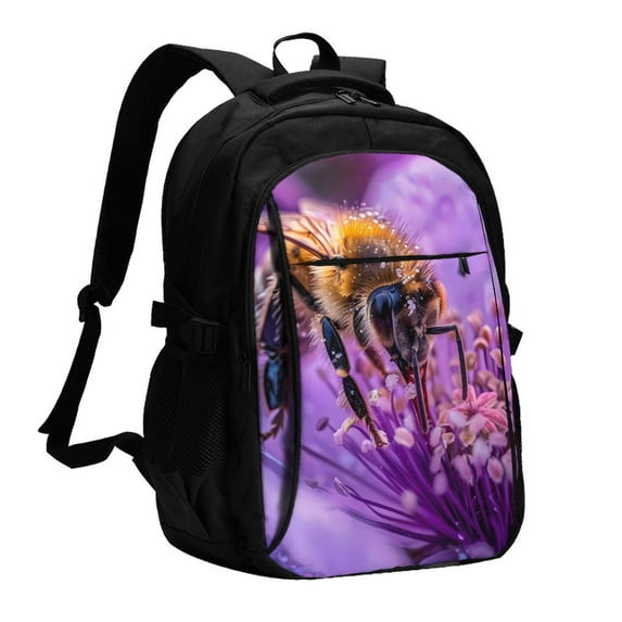 Xecao Closeup Honeybee on Flower for Travel Laptop Backpack, USB-Charging-Enabled, Spacious Business Backpack for Men and Women,College School Computer Bag