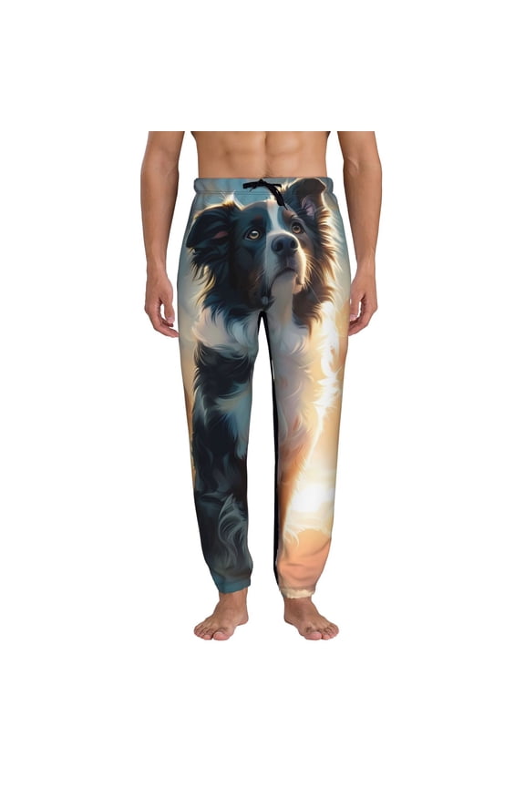 Cloud Border Collie Print Active Tech Joggers for Men, Mens Sweatpants Lounge Pants with Pockets-X-Large