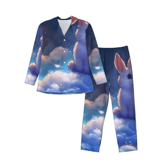 Xecao Cloud Cute Rabbit Print Pajamas Set Mens Pajamas Long Sleeve Loungewear Two-Piece Sleepwear Button-Down Pjs Set,2PJS-Small