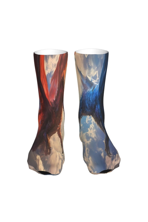 Cloud Red And Blue Dragon Print Fashion No Heel Casual Crew Socks Cushioned Breathable for Men Women - Moisture wicking,Not easy to fade Suitable for daily