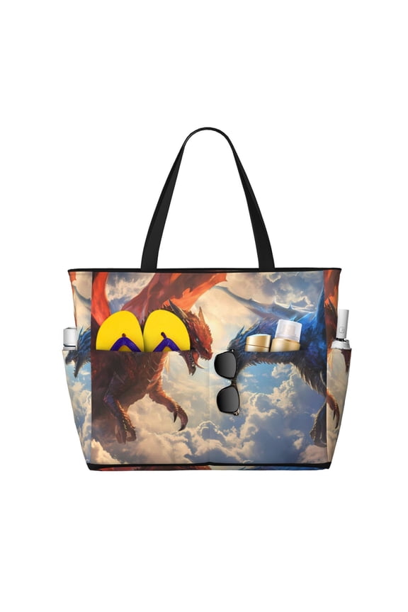 Cloud Red And Blue Dragon for versatile beach bag for women includes zipper pockets and waterproof material, ideal for vacations and adventures.