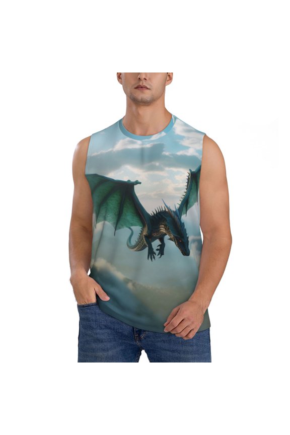 Cloud Sky Green Dragon Print Men's Tank Top: Sleek Sleeveless Tee for Casual Sports and Beach Occasions-Large