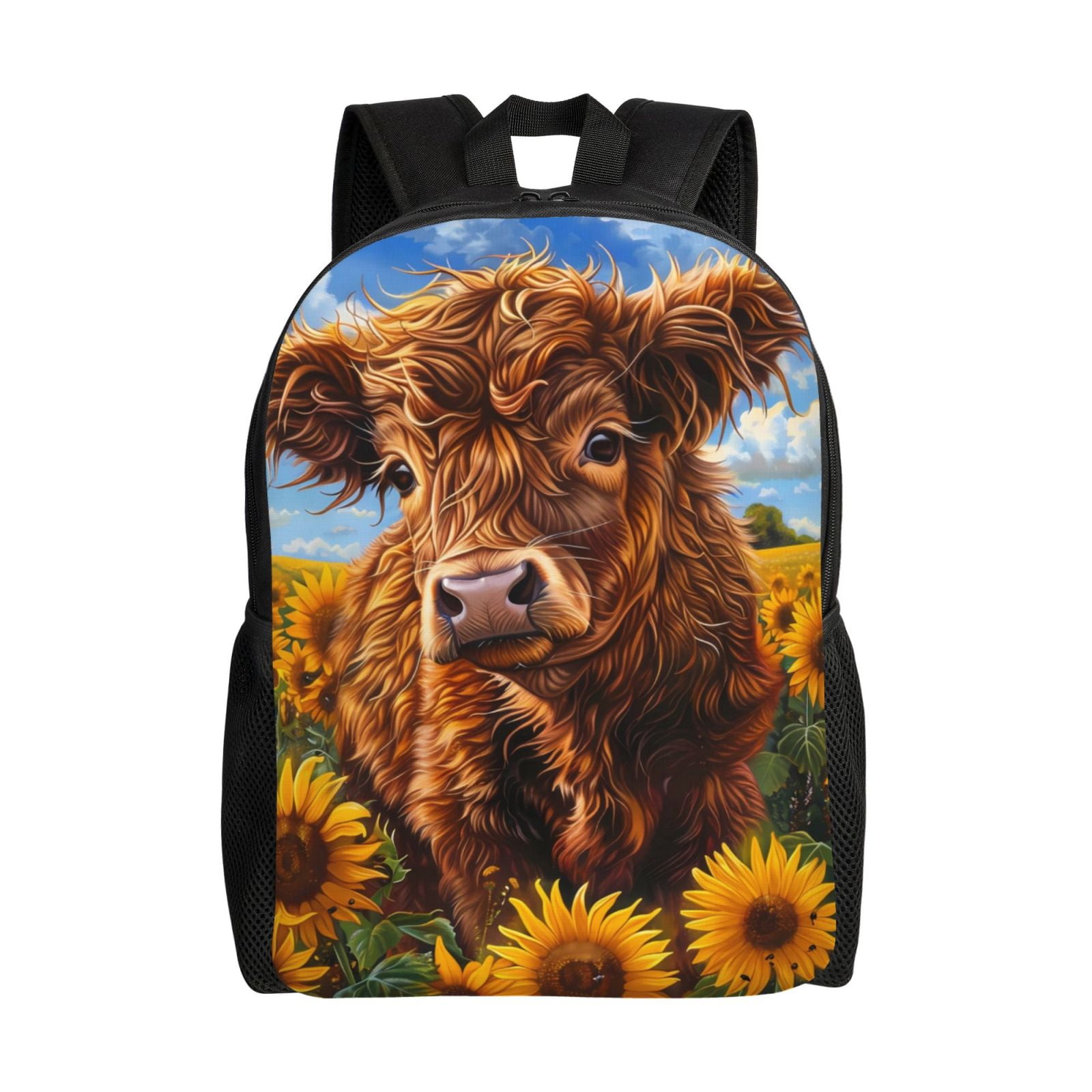 Xecao Cloud Sky Sunflower Cow Print School Backpack with Laptop Compartment Small Travel Laptop Backpack for Women Men Waterproof College Backpack Simple School Bag