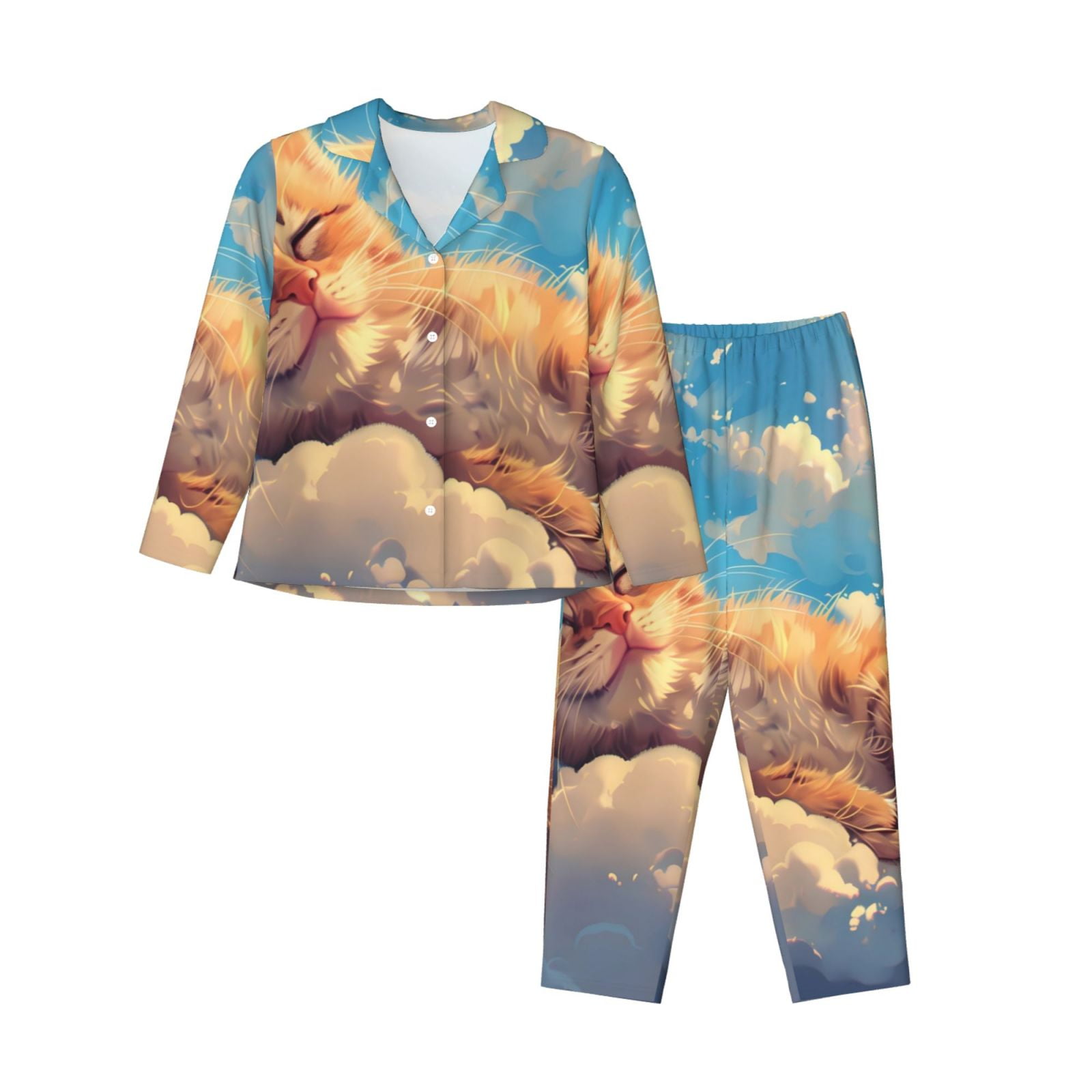 Xecao Cloud Sleeping Cat Print Women Pajamas Set Soft Sleepwear Pjs