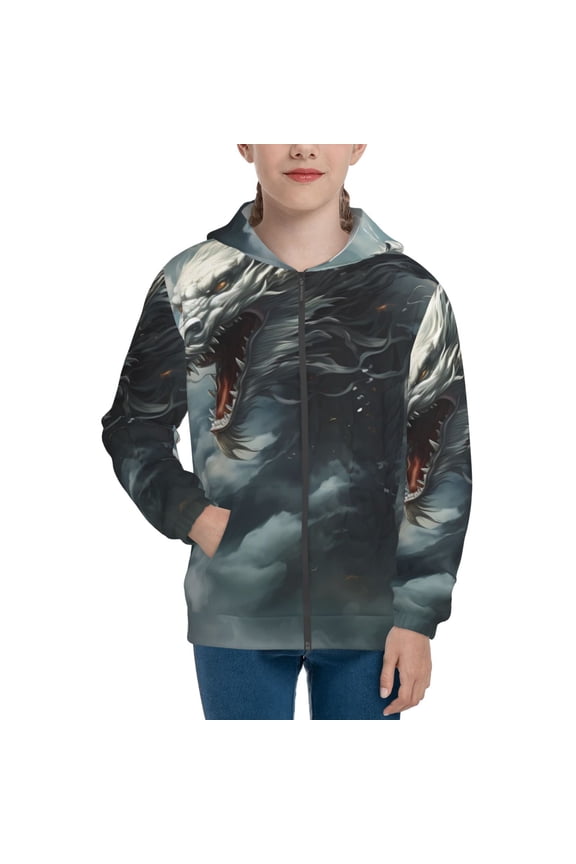Cloud White Dragon Pattern Zip Up Hoodies for Boys Girls, Sweatshirt with Pockets-Small