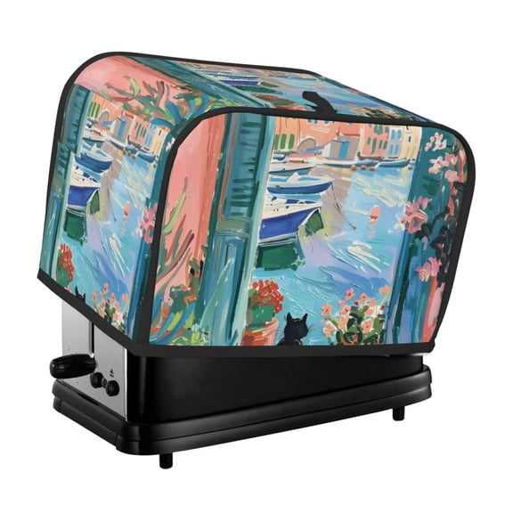 Xecao Coastal Cat By The Window Print 2 Slice Toaster Cover with Pockets, Small Appliance Cover, Dust and Fingerprint Protection, Machine Washable