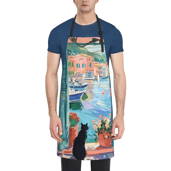 Xecao Coastal Cat By The Window Print Kitchen Cooking Aprons, Waterproof Adjustable Bib Aprons with 2 Pockets for Women Men Chef