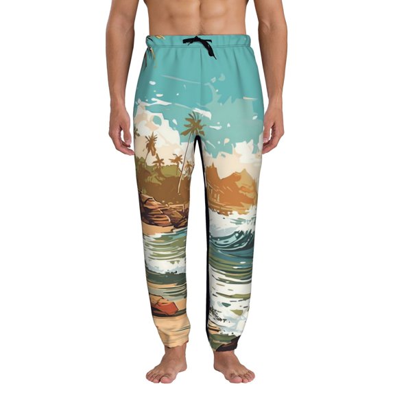 Xecao Coastal Palm Beach Print Active Tech Joggers for Men, Mens Sweatpants Lounge Pants with Pockets-Large