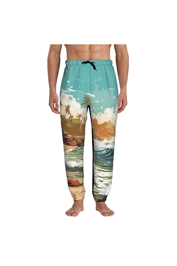 Coastal Palm Beach Print Active Tech Joggers for Men, Mens Sweatpants Lounge Pants with Pockets-Large