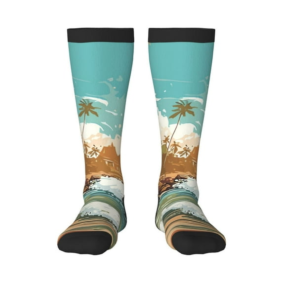 Xecao Coastal Palm Beach Print Compression Socks for Both Men And Women for Running, Travel, Flight, Nurse