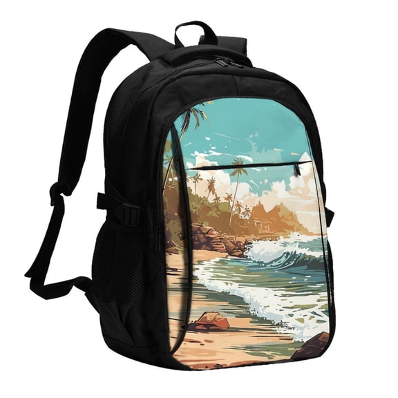 Xecao Coastal Palm Beach for Travel Laptop Backpack, USB-Charging-Enabled, Spacious Business Backpack for Men and Women,College School Computer Bag