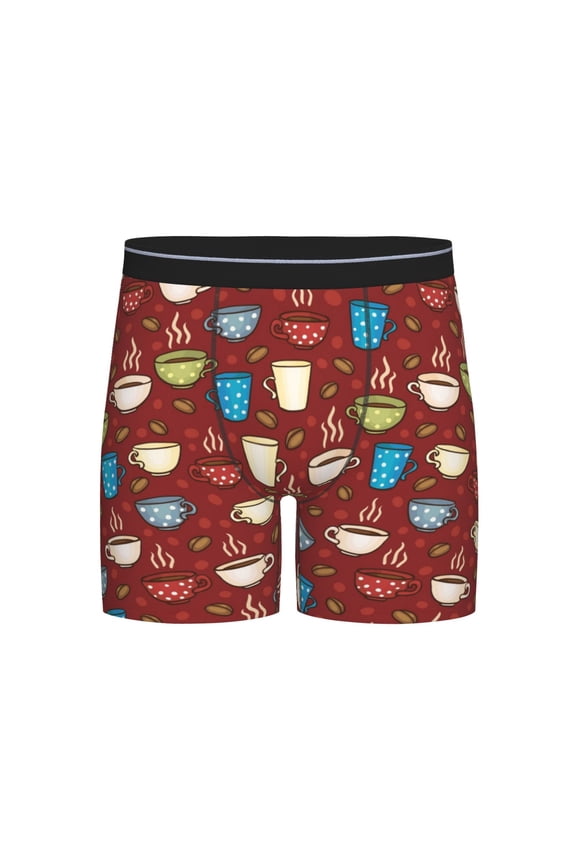 Coffee Cups Print Boxer Briefs for Men's Stretch Moisture-Wicking Underwear, Mid-Rise Classics breathable fabric
