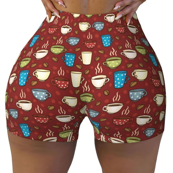 Xecao Coffee Cups Print Workout Shorts for Women Soft Smooth Gym Yoga Scrunch Active Tennis Workout Running Shorts