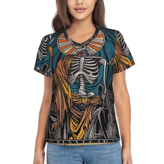 Xecao Coffee-Drinking Skull for Women's V-Neck T-Shirts-Elegant Half-Sleeve Tops Perfect for Summer-3X-Large