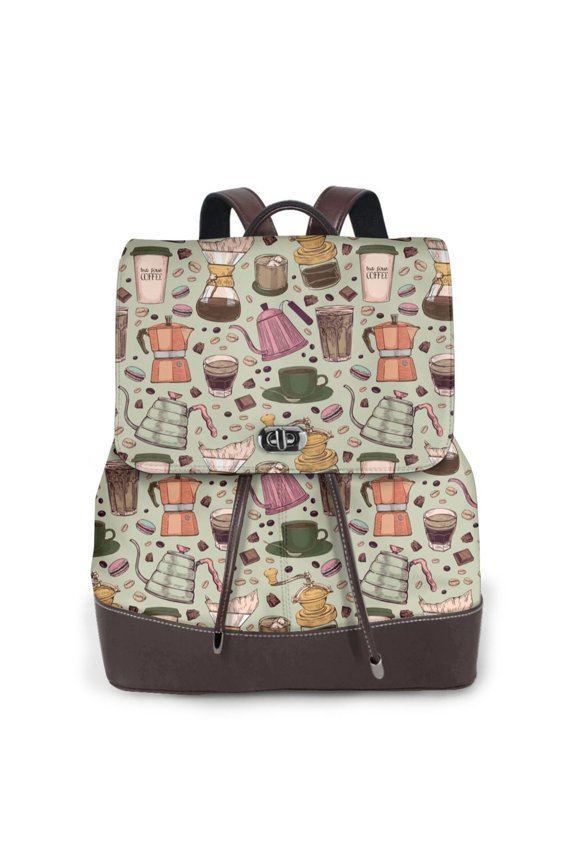 Coffee Makers Macaroons Chocolate Print Large Backpack Soft Leather for Women Travel with Compartment, Adjustable Convertible Strap