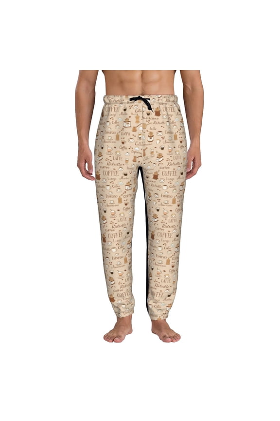 Coffee Time Print Active Tech Joggers for Men, Mens Sweatpants Lounge Pants with Pockets-Small