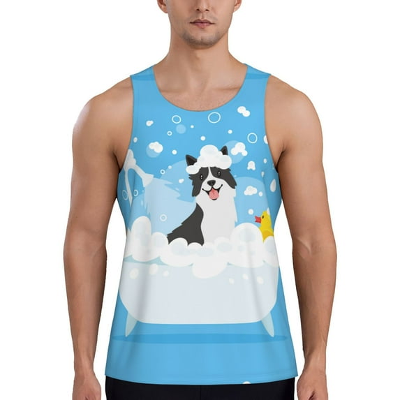 Xecao Collie in Bathtub Men's Tank Top Workout Quick Dry Sleeveless Gym Jogging Muscle Shirts Summer Swim Beach Tops