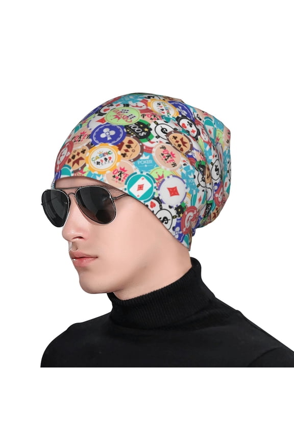 Colored Casino Chips Print Beanie Knitted Hat for Men Women, Winter Fashion Knit Cuffed Caps Unisex