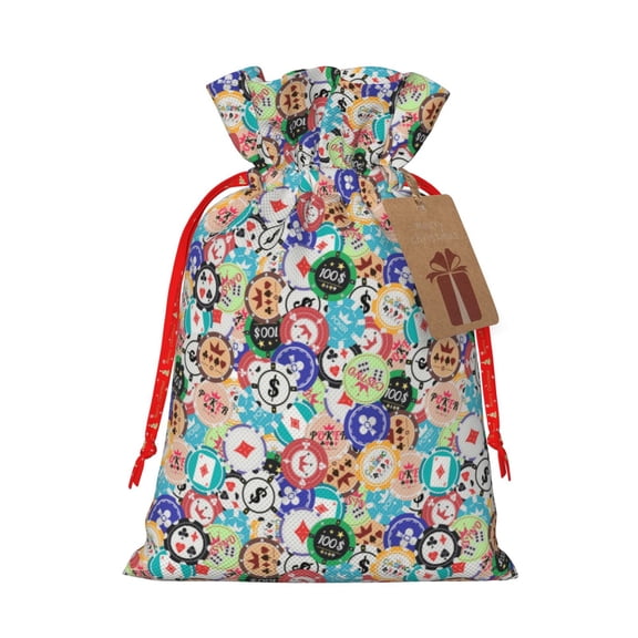 Xecao Colored Casino Chips Print Burlap Gift Bags with Drawstring and Gift Tags, Gift Bags, Burlap Bags, Jute Bags for Party, Christmas, DIY Craft Bags-Small