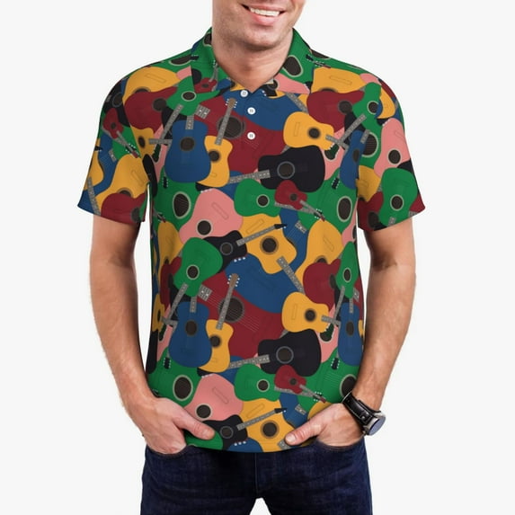 Xecao Colored Guitars Mens' Casual Short Sleeve Button-Down Polo Shirts for a Classic Golf Shirts-X-Large