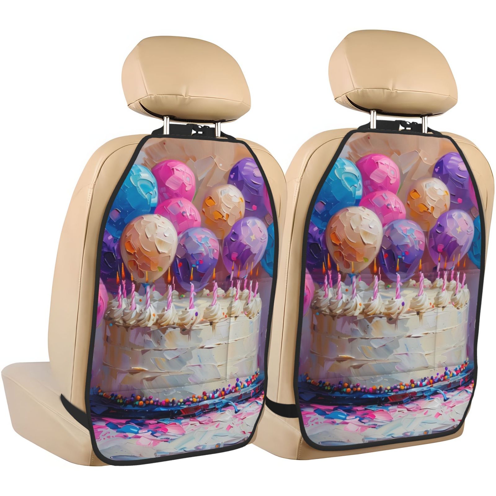 Xecao Colorful Balloon Cake Celebration Pattern Car Seat Back Protector 2 Pack Large Capacity Pocket, Kick Mats Back Seat Protector