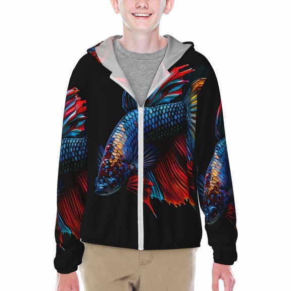 Xecao Colorful Betta Fish Print Fishing Shirts for teenager Long Sleeve UV Sun Protection Hoodie with Zipper Outdoor Hiking Shirts-Medium
