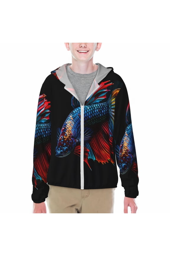 Colorful Betta Fish Print Fishing Shirts for teenager Long Sleeve UV Sun Protection Hoodie with Zipper Outdoor Hiking Shirts-XX-Large