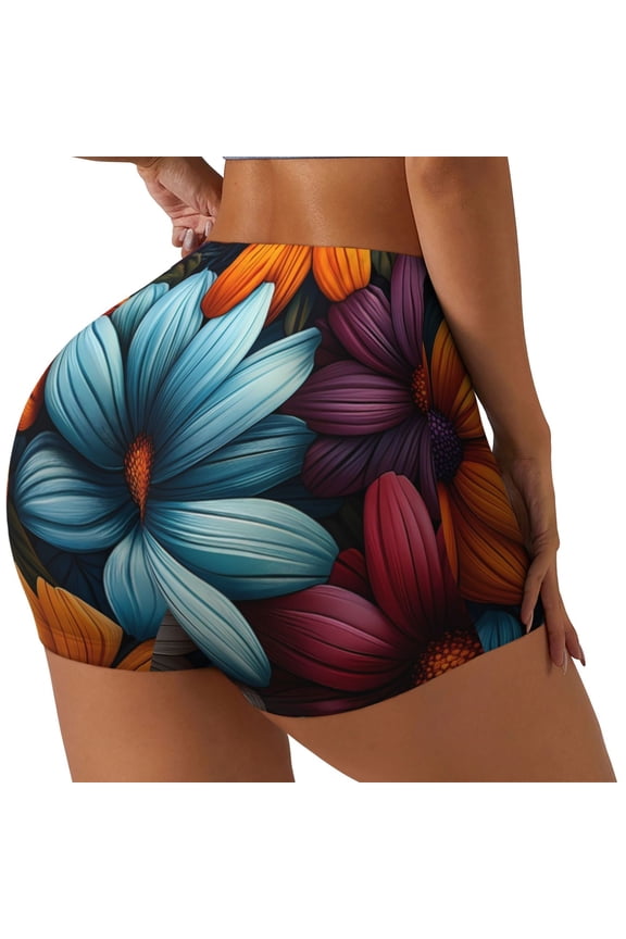 Colorful Blooming Flowers Print Workout Shorts for Women Soft Smooth Gym Yoga Scrunch Active Tennis Workout Running Shorts-X-Large