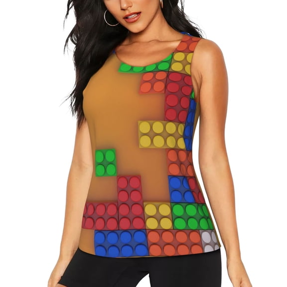 Xecao Colorful Building Blocks A Print Women's Scoop Neck, Loose-Fit Workout Tank Tops for The Gym,Sleeveless T-shirt-Large