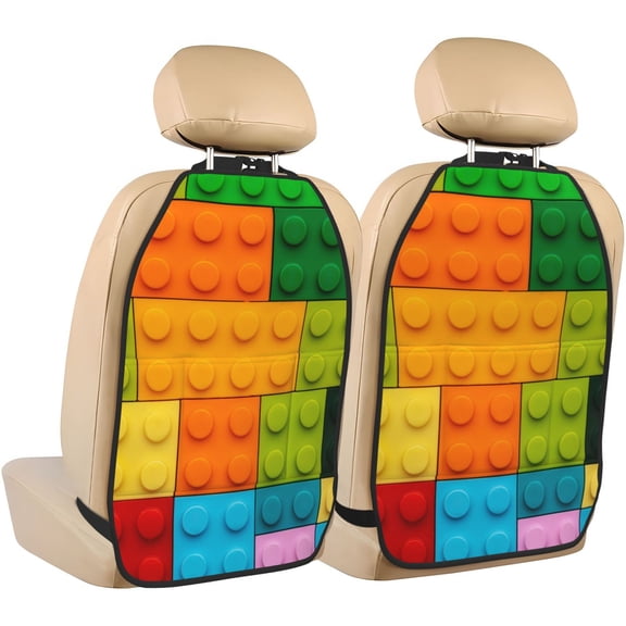 Xecao Colorful Building Blocks Pattern Car Seat Back Protector 2 Pack Large Capacity Pocket, Kick Mats Back Seat Protector