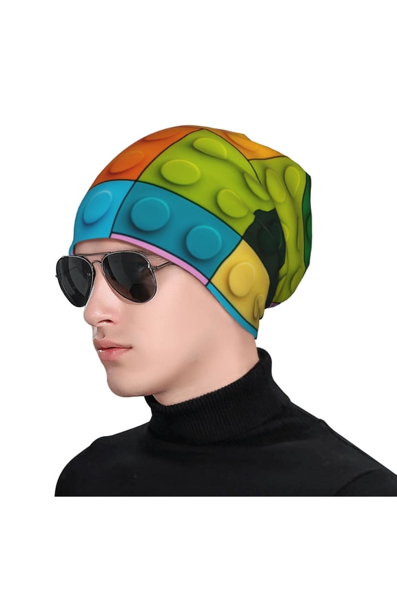 Colorful Building Blocks Print Beanie Knitted Hat for Men Women, Winter Fashion Knit Cuffed Caps Unisex