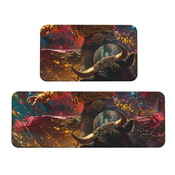 Xecao Colorful Bull Western Man Patten Kitchen Rugs and Mats Sets,2 Pieces Non-Slip Washable Rugs, Kitchen Mat for Floor,Suit for Kitchen Decor and Accessories