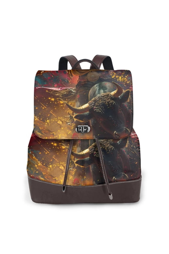 Colorful Bull Western Man Print Large Backpack Soft Leather for Women Travel with Compartment, Adjustable Convertible Strap